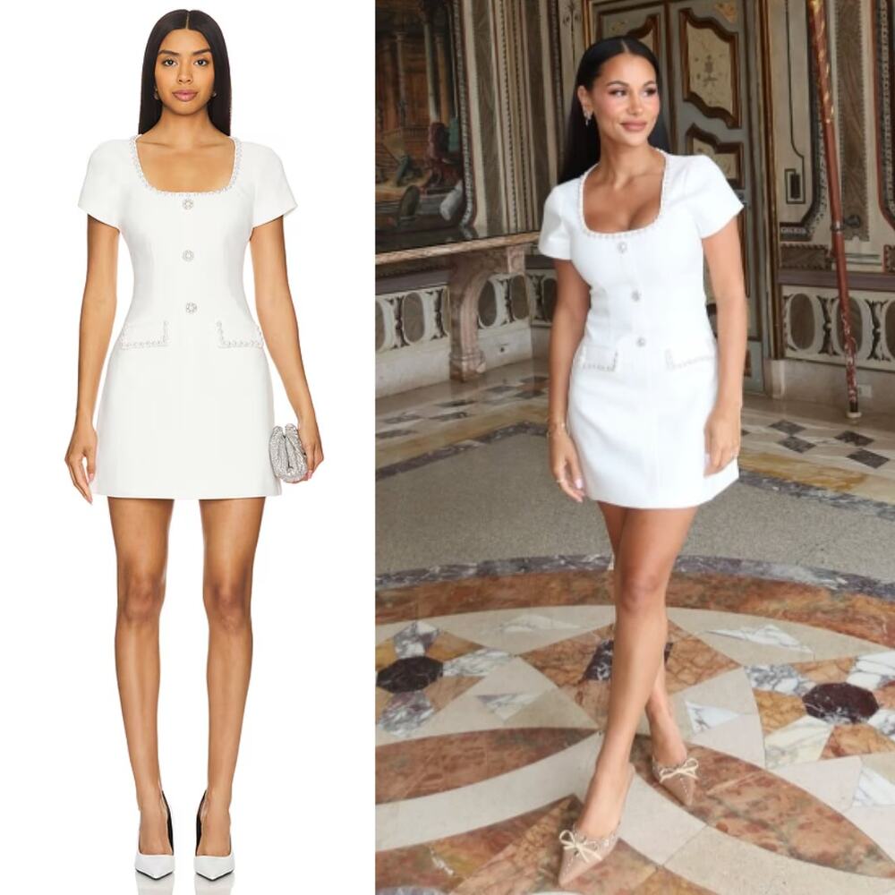 LIKELY | Sergio Dress in White Short Sleeve Crystal Pearl Embellished Mini 6